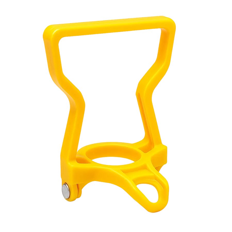 Yellow clamp-on carry handle that grips the neck of a 19 litre bottle