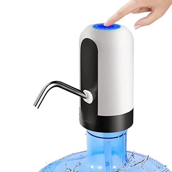 Rechargeable electric water pump with a steel spout, seated on a 19 litre bottle