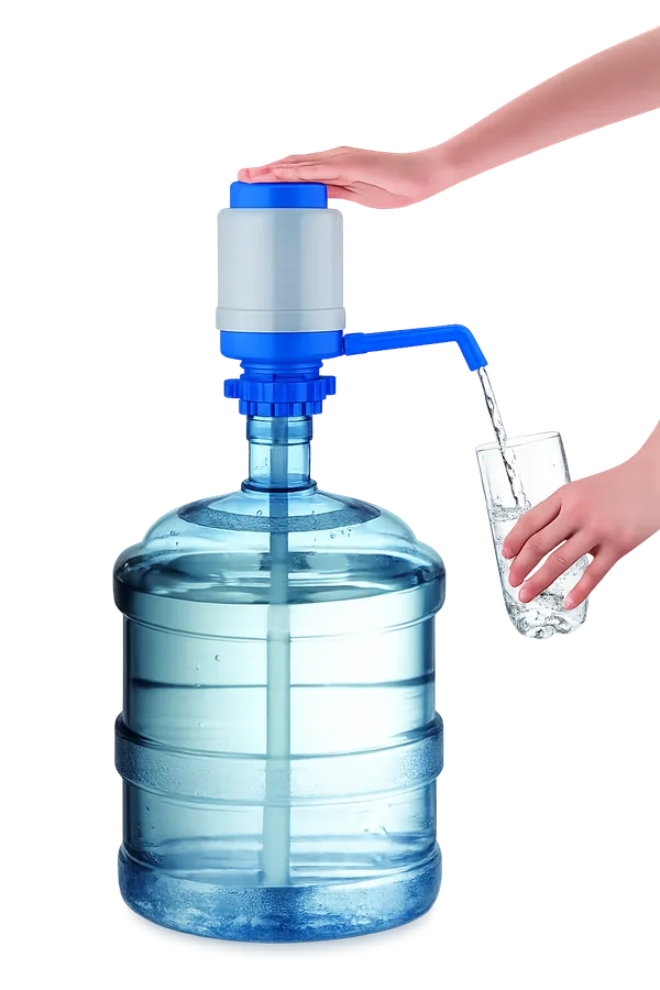 Manual press-down hand pump fitted to a 19 litre bottle, filling a glass