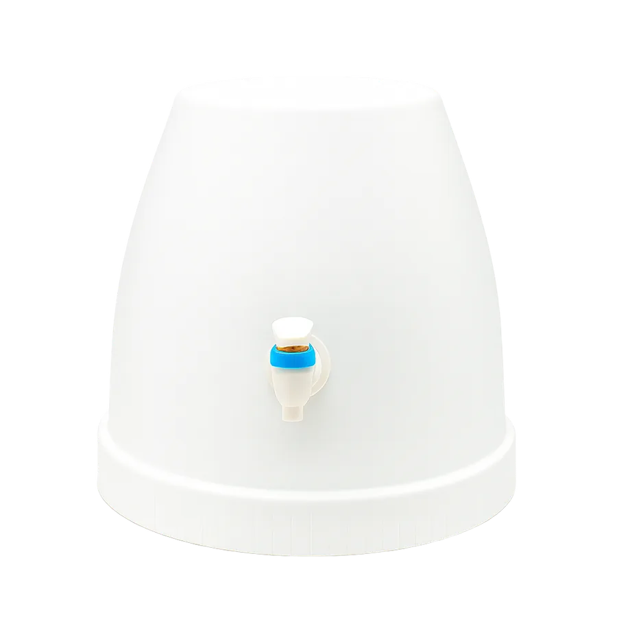 White tabletop dispenser shell with a blue-collared tap